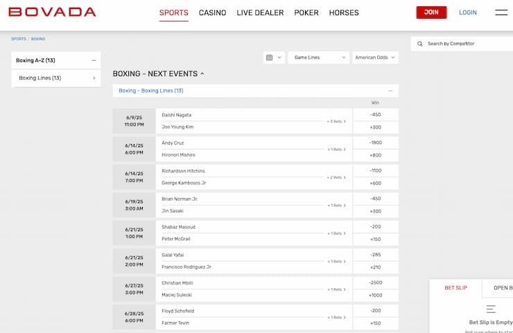Odds display from Bovada, a major player among boxing sportsbooks.